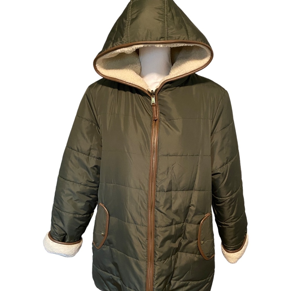 Lauren by Ralph Lauren Reversible Faux Sherling Olive Jacket - XL